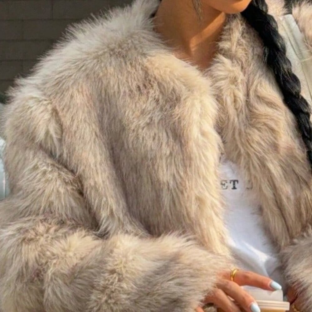 Khaki Casual Women's Long Sleeve Fluffy Jacket - Picture 7 of 7